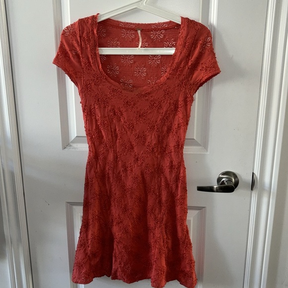 Free People Daisy Godet fitted mini dress in vibrant peach persimmon boho - Picture 2 of 7